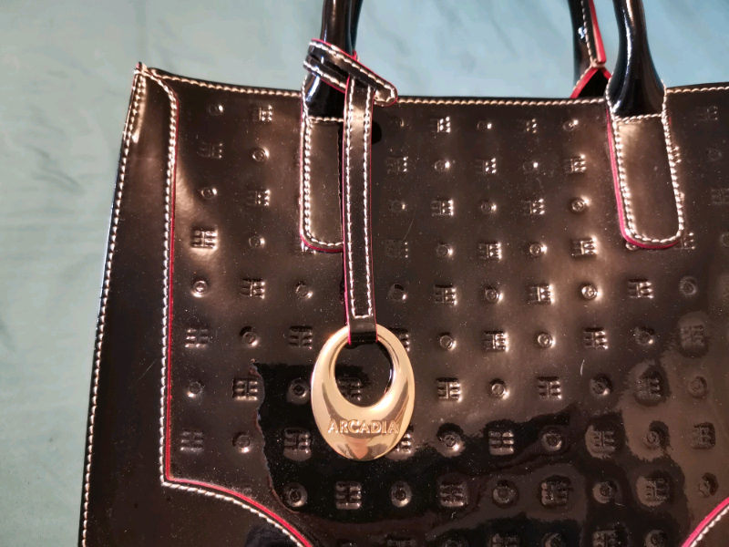 arcadia black patent leather bag
